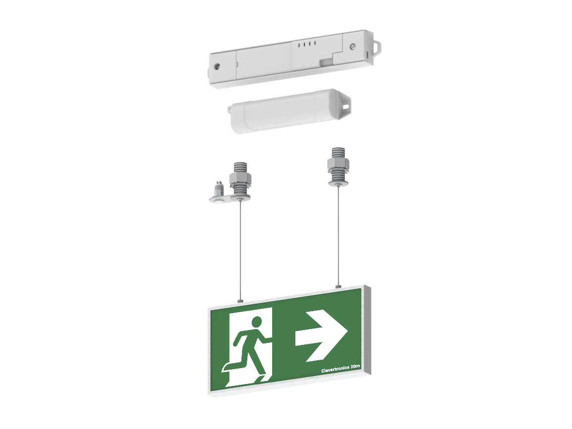 Form 20M Exit, Recessed Ceiling Mount, Cable Suspended, Remote Gear, L10 Nanophosphate, DALI Emergency, All Pictograms, Double Sided, Brushed Aluminium Frame